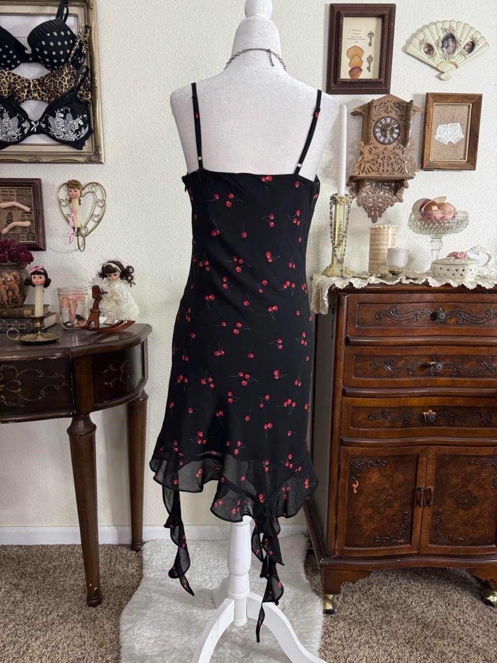 Romantic girly grunge cherry print black cowl neck dress - Picture 4 of 5